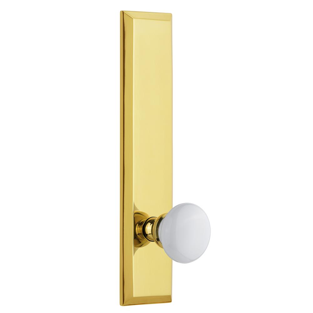 Grandeur by Nostalgic Warehouse FAVHYD Fifth Avenue Tall Plate Privacy with Hyde Park Knob in Polished Brass